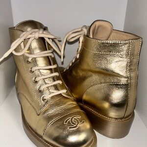 CHANEL Metallic Gold Lace-Up Ankle Boots